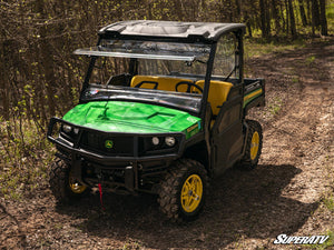 SuperATV flip windshield on a John Deere Gator XUV 835, detail view