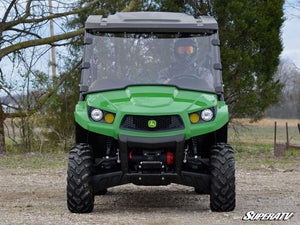 SuperATV full windshield on a John Deere Gator XUV, angle view