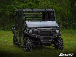 SuperATV flip down windshield on a Kawasaki Mule Pro, mounted view