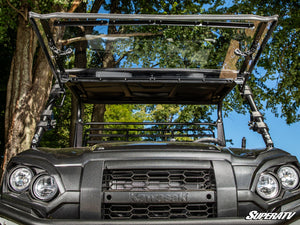 SuperATV flip windshield on a Kawasaki Mule Pro-FXR, angle view