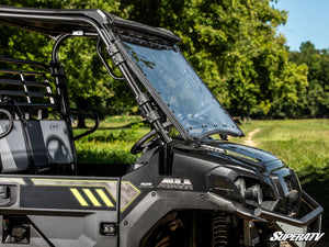 SuperATV flip windshield on a Kawasaki Mule Pro-FXR, mounted view