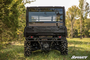 SuperATV rear windshield on a Kawasaki Mule Pro FXT, angle view