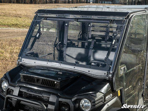 SuperATV MaxDrive power flip windshield on a Kawasaki Mule Pro, angle view