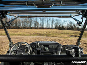 SuperATV MaxDrive power flip windshield on a Kawasaki Mule Pro, cab view