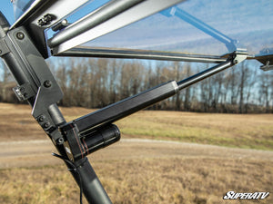 SuperATV MaxDrive power flip windshield on a Kawasaki Mule Pro, detail view