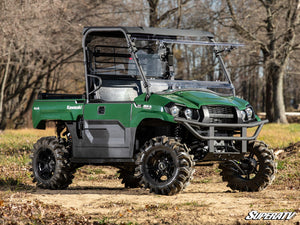 SuperATV flip windshield on a Kawasaki Mule PRO-MX, installed close-up