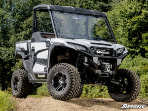 SuperATV flip windshield on a Kawasaki Ridge, installed close-up