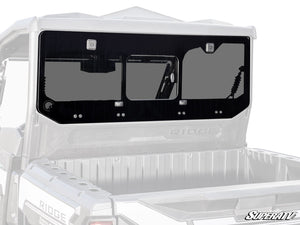 SuperATV glass sliding rear windshield on a Kawasaki Ridge, front view