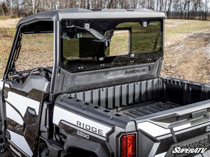 SuperATV glass sliding rear windshield on a Kawasaki Ridge, hardware detail