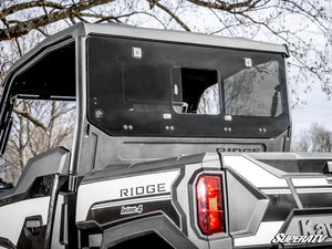 SuperATV glass sliding rear windshield on a Kawasaki Ridge, profile view