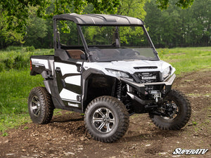 SuperATV half windshield on a Kawasaki Ridge, side view