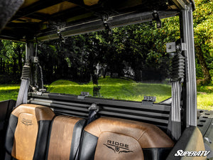 SuperATV rear windshield on a Kawasaki Ridge, installed close-up