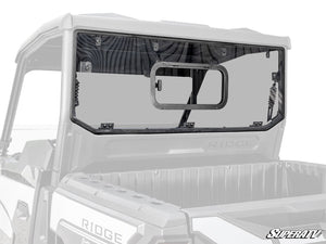 SuperATV sliding rear windshield on a Kawasaki Ridge, front view