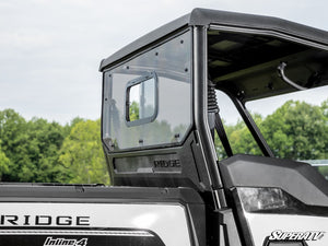 SuperATV sliding rear windshield on a Kawasaki Ridge, installed close-up