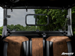 SuperATV sliding rear windshield on a Kawasaki Ridge, cab view