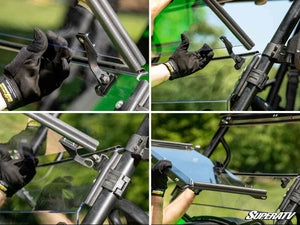 SuperATV 3-in-1 windshield on a Kawasaki Teryx, installed close-up