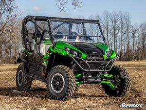 SuperATV flip down windshield on a Kawasaki Teryx, angle view