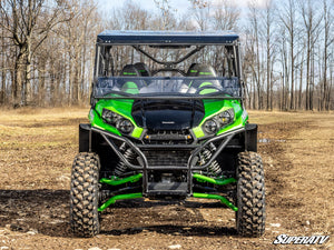 SuperATV flip down windshield on a Kawasaki Teryx, installed close-up