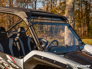 SuperATV flip down windshield on a Kawasaki Teryx KRX 1000, angle view