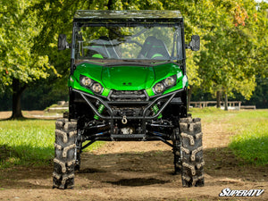 SuperATV MaxDrive power flip windshield on a Kawasaki Teryx, angle view