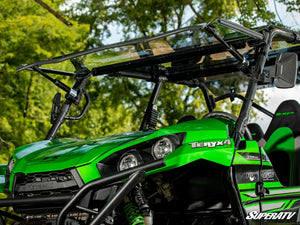 SuperATV MaxDrive power flip windshield on a Kawasaki Teryx, cab view