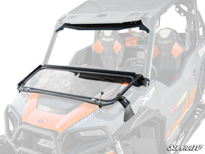 SuperATV flip down glass windshield on a Polaris General, front view