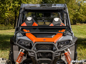 SuperATV flip down glass windshield on a Polaris General, angle view