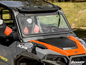 SuperATV flip down glass windshield on a Polaris General, side view