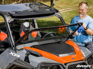 SuperATV flip down glass windshield on a Polaris General, cab view
