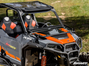 SuperATV flip down glass windshield on a Polaris General, detail view