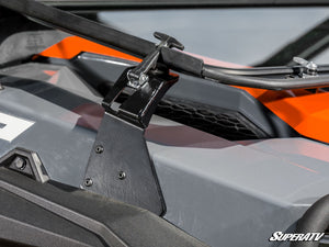 SuperATV flip down glass windshield on a Polaris General, mounted view