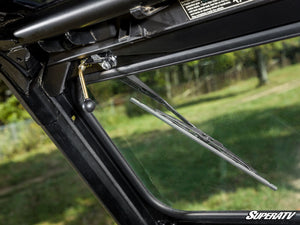 SuperATV flip down glass windshield on a Polaris General, hardware detail