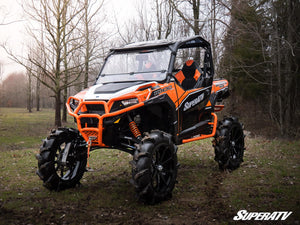 SuperATV flip down windshield on a Polaris General, angle view
