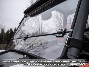 SuperATV flip down windshield on a Polaris General, installed close-up