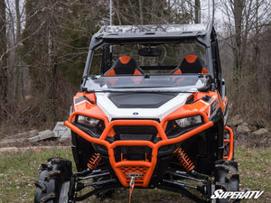 SuperATV flip down windshield on a Polaris General, detail view