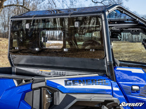 SuperATV glass sliding rear windshield on a Polaris General, installed close-up