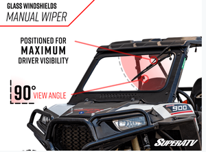 SuperATV glass windshield on a Polaris General, installed close-up
