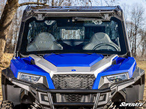 SuperATV MaxDrive Power Flip glass windshield on a Polaris General, angle view