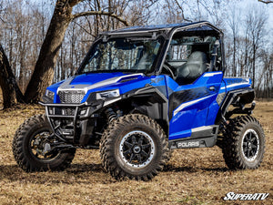 SuperATV MaxDrive Power Flip glass windshield on a Polaris General, installed close-up