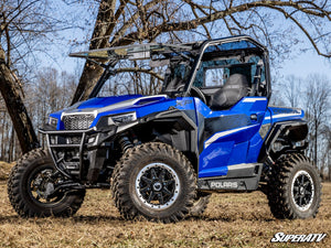 SuperATV MaxDrive Power Flip glass windshield on a Polaris General, cab view
