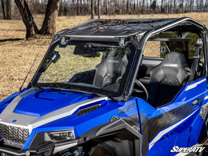 SuperATV MaxDrive Power Flip glass windshield on a Polaris General, detail view