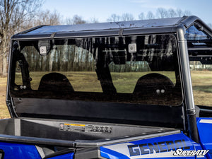 SuperATV rear glass windshield on a Polaris General, mounted view