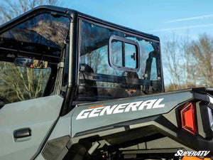 SuperATV sliding rear windshield on a Polaris General, angle view