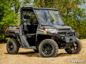 SuperATV flip windshield on a Polaris Ranger 1000, installed close-up