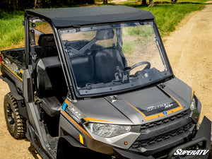 SuperATV flip windshield on a Polaris Ranger 1000, cab view