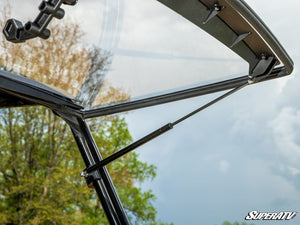 SuperATV flip windshield on a Polaris Ranger 1000, detail view