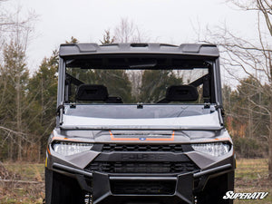 SuperATV flip down windshield on a Polaris Ranger, angle view