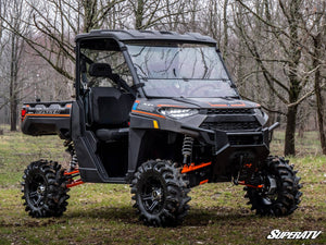 SuperATV flip down windshield on a Polaris Ranger, side view