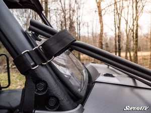 SuperATV flip down windshield on a Polaris Ranger, installed close-up