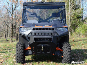 SuperATV full polycarbonate windshield on a Polaris Ranger, installed close-up